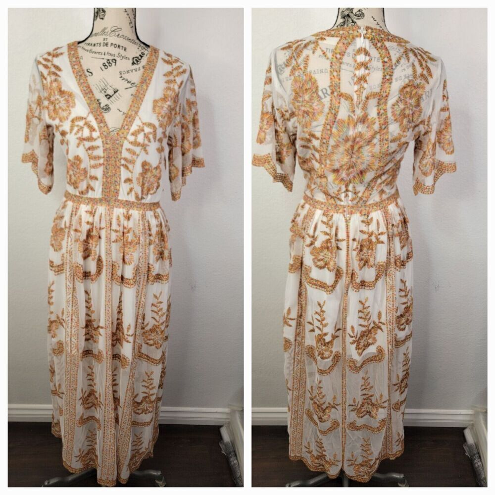 Altard State Maxi Dress Small Rainbow Embroidered Kaftan Sheer Bohemian Cottage